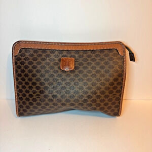 Authentic CELINE Macadam Brown Canvas Leather Clutch Bag Purse Made in Italy
